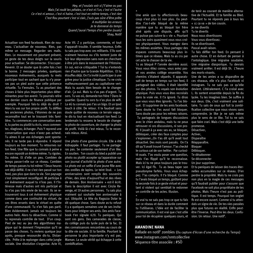 Ballade en notif’ zombies | AMANDINE NANA
Ballade en notif’ zombies (Ou capture d’écran d’une recherche du Temps)
www.instagram.com/nmtcollective