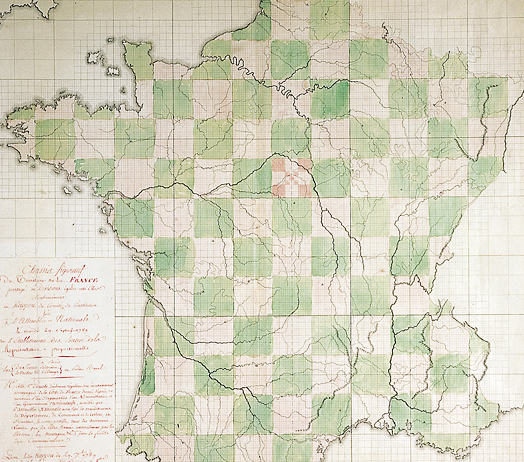 Cadastre révolutionnaire | Utopies égalitaires
Parmi les doléances de la Révolution française, le peuple réclamait un cadastre général sur tout le royaume pour mieux asseoir la propriété et établir une justice fiscale débarrassée des privilèges féodaux. En 1780, Robert de Hesseln imagine un cadastre perpétuel à base de carrés gigognes de plus en plus petits jusqu'à la parcelle uniformément carrée de chaque propriétaire. Ce système séduit Sieyès mais aucun cadastre ne vit le jour durant la Révolution.