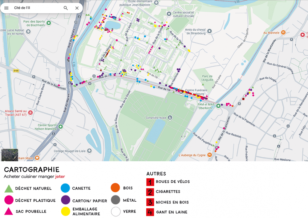 Cartographie des déchets | Carto des déchets recensés dans le quartier de la Robertsau autour de la cité de l'Il