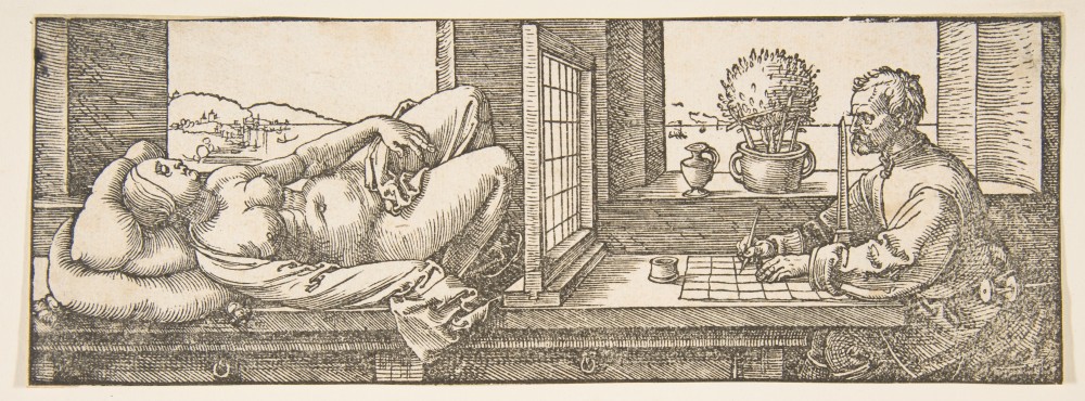 Draughtsman Making a Perspective Drawing of a Reclining Woman | Draughtsman Making a Perspective Drawing of a Reclining Woman
Albrecht Dürer (German, Nuremberg 1471–1528 Nuremberg)
Woodcut
7.7 x 21.4 cm