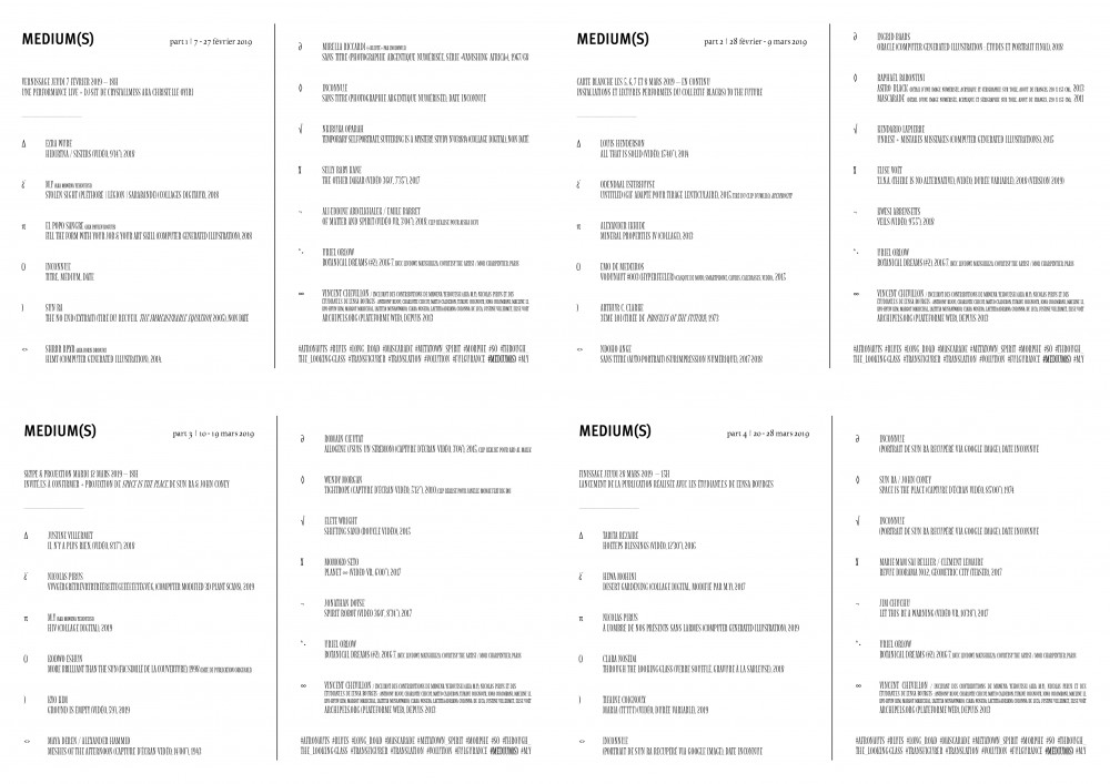 Invitations | Commissariat : Mawena Yehouessi (aka M.Y).
––
Avec, sur 4 accrochages distincts (du 7 février au  3 mars, du 4 mars au 10 mars, du 11 mars au 19 mars, du 20 mars au 28 mars, 2019) :
Kwesi Abbensetts, Ali-Eddine Abdelkhalek et Emile Barret, Ndoho Ange, Ingrid Baars, Raphaël Barontini, Marie-Mam Sai Bellier et Clément Lemaire, Vincent Chevillon, Jim Chuchu, Romain Cieutat, Tifaine Coignoux, Maya Deren et Alexander Hammid, Jonathan Dotse, Kodwo Eshun, Odendaal Esterhuyse, Louis Henderson, Alexandre Ikihide, Selly Raby Kane, Kyo Kim, Kendario La’Pierre, Emo de Medeiros, Wendy Morgan, M.Y, Clara Noseda, Nkiruka Oparah, Uriel Orlow, Nicolas Pirus, Sun Ra, Tabita Rezaire, Mirella Riccardi, SHRBR RPXR, El Popo Sangre, Momoko Seto, Justine Villermet, Elise Voët, Elete Wright, Ezra Wube 
+ des interventions et workshops de Manuela de Barros le 10/10/2019, Pascal Bauer le 15/10/2019, Vincent Chevillon le 31/10/2019, Meriem Chabani (collectif New South) les 12-13/11/2019 et Jonathan Dotse le 17/12/2019 
+ des performances du collectif Black(s) to the Future (Fallon Mayanja, Josèfa Ntjam, Nicolas Pirus, M.Y), Chrys Aslanian, Crystallmess et Nina Queissner 
+ des contributions éditoriales de Amandine Nana, An Duplan, Nicolas Pirus, Nina Queissner, Raadio Cargo (Aurélia Nardini et Chrys Aslanian), Seumboy Vrainom et M.Y.