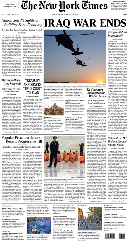 Newspaper | NY Time Special Edition,
Paper,
A celebration/collaboration with Steve Lambert, Andy Bichlbaum of The Yes Men, along with 30 writers, 50 advisors, around 1000 volunteer distributors, CODEPINK, May First/People Link, Evil Twin, Improv Everywhere and Not An Alternative.
Novembre 2008