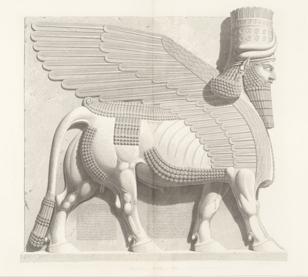 Lamassu | Lamassu,
Dessin (à partir du Taureau androcéphale ailé de Dur-Sharrukin, trouvé durant les fouilles de Paul-Émile Botta)
Musée du Louvre