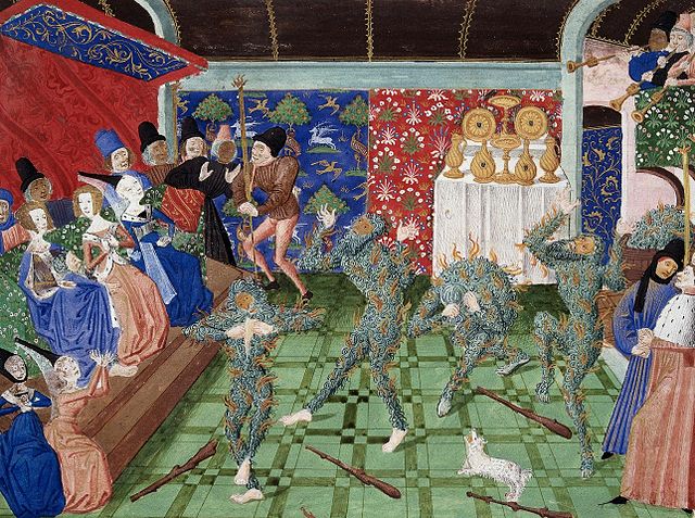 Le bal des ardents | enluminure attribuée à Philippe de Mazerolle en illustration aux chroniques de Froissart,, Le bal des ardents, 1393