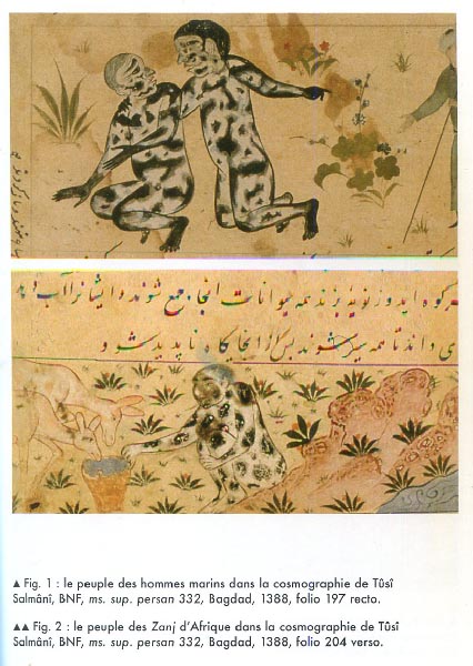 Le peuples des hommes marins | Le peuples des hommes marins dans la cosmographie de Tûsî Salmânî, ms. sup. persan 332, Bagdad, 1388, folio 197 recto.
Le peuple des Zanj d'Afrique dans la cosmographie de Tûsî Salmānī, ms. sup. persan 332, Bagdad, 1388, folio 204 verso.