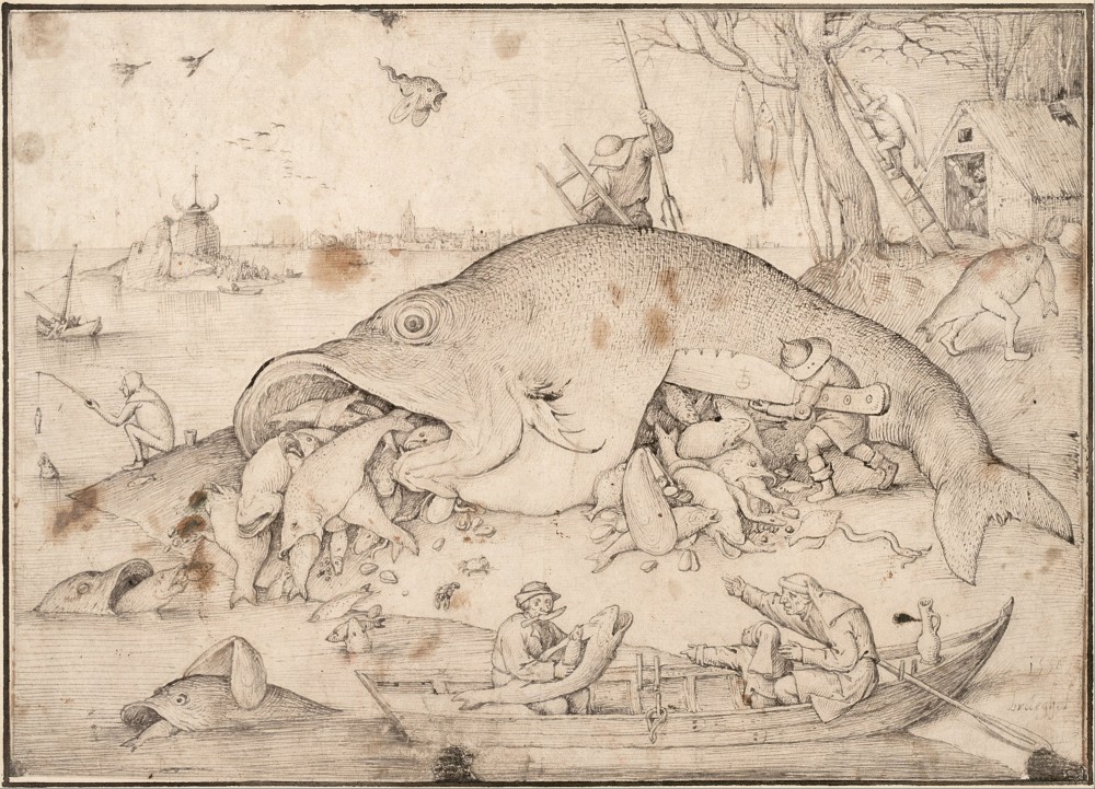 Les grands poissons mangent les petits | Pieter Bruegel l'Ancien
Les grands poissons mangent les petits
Dessin à la plume et au pinceau
21,6 × 30,7 cm
Palais Albertina, Vienne