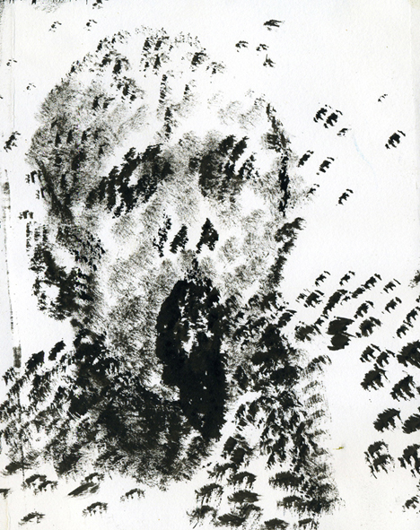 L’obscurité du dehors | Vincent Chevillon,
Encre de chine sur papier,
26 × 20 cm,
2008
