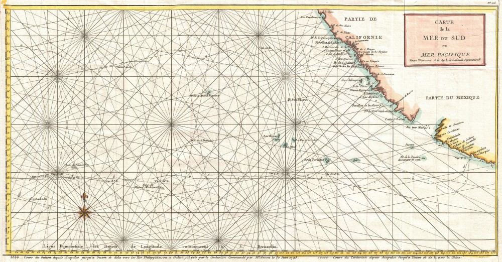 Map of Baja California and the Pacific | George Anson,
Carte de la Mer du Sud ou Mer Pacifique Entre l'Equateur et le 39 1.2 de Latitude Septentrionale.
29,2 x 55,9 cm