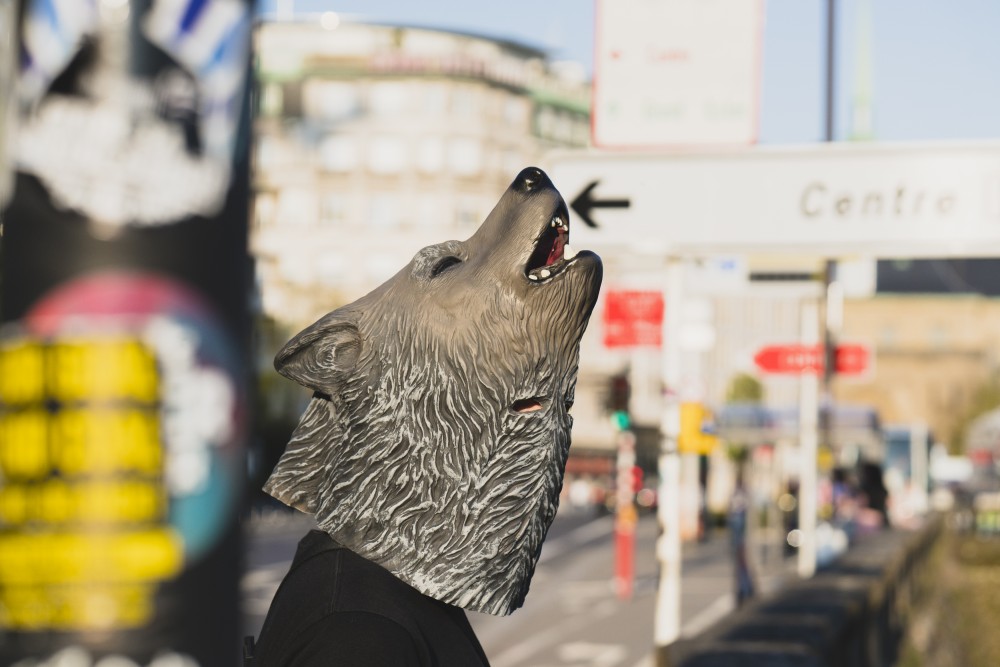 Masque de loup hurlant | Masque en latex utilisé lors de la performance Le loup ne peut guetter la lune sans sortir du bois, Ludovic Hadjeras, 2019