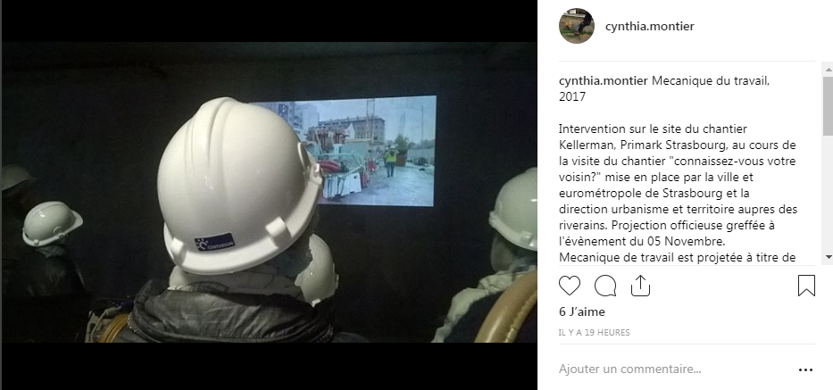 Mécanique du travail, rétroprospective | Intervention sur le site du chantier Kellerman, Primark Strasbourg, au cours de la visite du chantier &quot;connaissez-vous votre voisin?&quot; mise en place par la ville et eurométropole de Strasbourg et la direction urbanisme et territoire aupres des riverains. Projection officieuse greffée à l'évènement du 05 Novembre.
Mecanique de travail est projetée à titre de document video constituant un travail seriel de dérivés de production : Perruques ou gestes informels produits d'une dérive de travail en ce qu'ils s'extraient d'une demarche de production capitalisée ou prescrite. La piece en question decoule d'une residence de travail non-productive et non-commissionnée associant ouvrier.e.s plasticien.nne.s et artisan.e.s industriels sur le site du chantier a ses debuts. Elle eat amorcée en septembre 2017 et tient son cours sous des formats différés.
Le document est rejoué ici a titre de retroprospective huits mois apres sa realisation, dans l'enceinte du site.
La societe promotrice du batiment coule, les chantiers et employés qui y sont rattachés sont arretés. Travail en construction.
chantierkellerman
noninstitutionalmatters
indisciplineoeuvrières
primarkstrasbourg