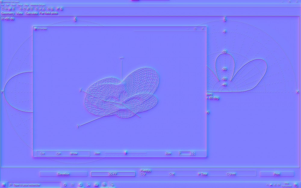 Modélisation test dipôle 1.2 - carte de normales | Diagramme de rayonnement dipôle test 1.2 - normal mapping