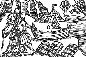 Olaus Magnus, Histoire des peuples du nord | guerriers transportant un bateau entre deux voies navigables, 1555