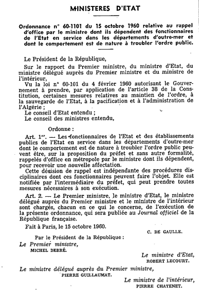 Ordonnance Debré | Michel Debré, Ordonnance du 15 octobre 1960, 15.10.1960, Assemblée nationnale