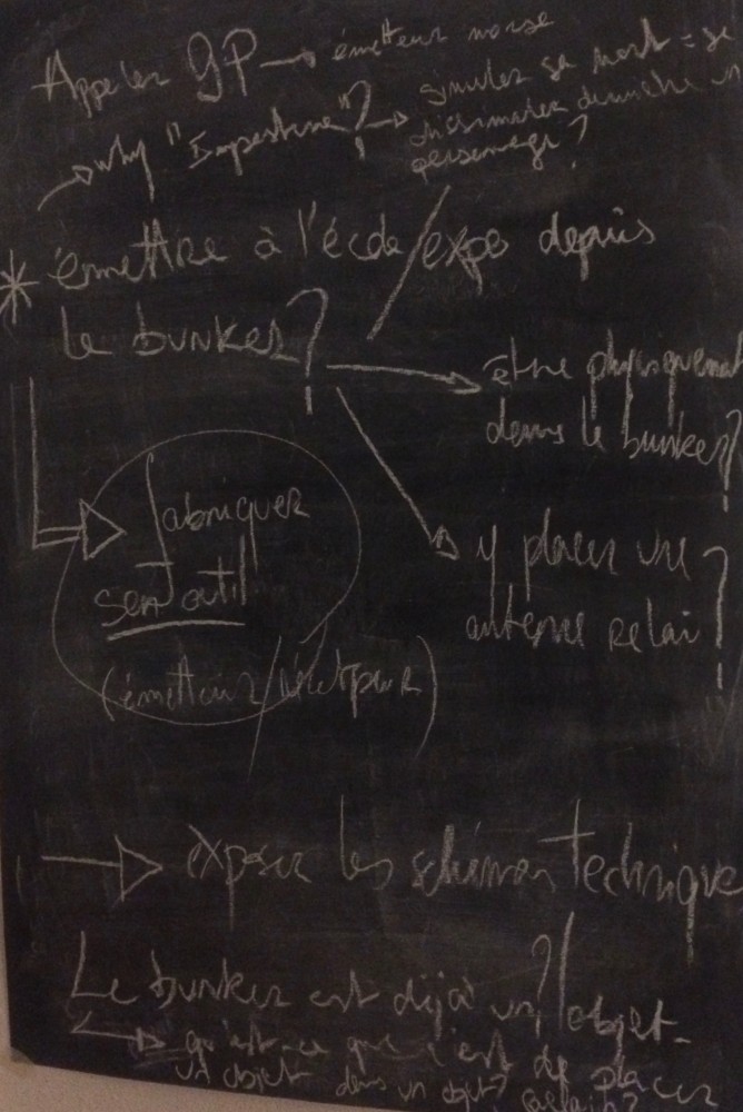 Tableau 5 | TSF - télécommunications - lier des espaces-temps

fabriquer son outil (les soumettre à ses contraintes)
exposer les schémas techniques ?
reprendre expérience bunker ? imposture - simuler sa mort - travail de faux
