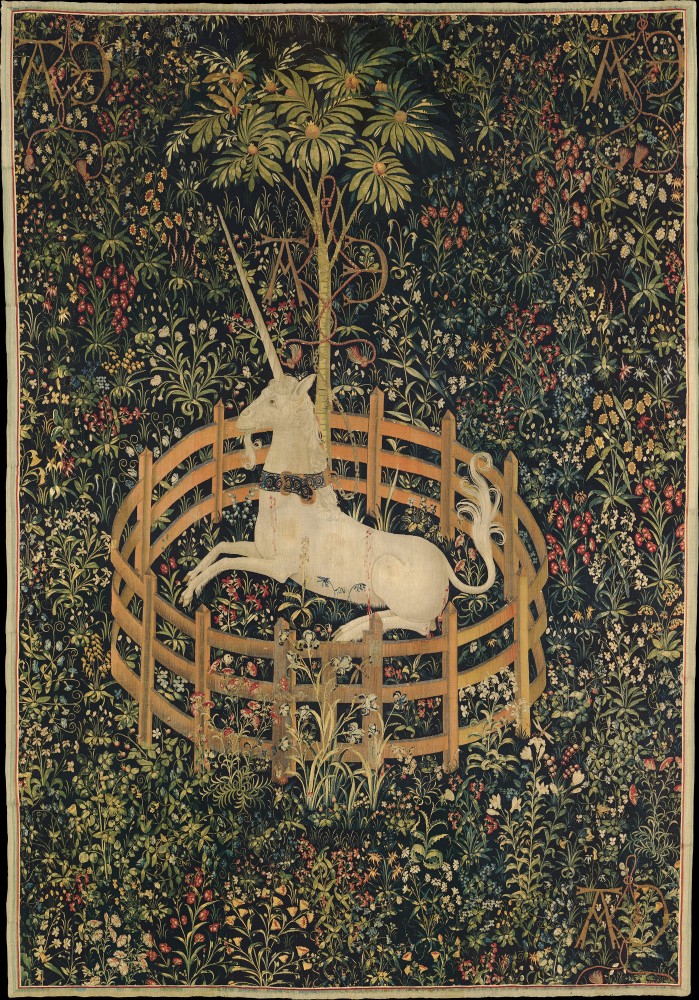 The Unicorn is in Captivity and No Longer Dead | The Unicorn is in Captivity and No Longer Dead
368 cm (12 ft); width: 251.5 cm (99 in)
silver, silk and gilt wefts on tapestry
coll. The Cloisters
