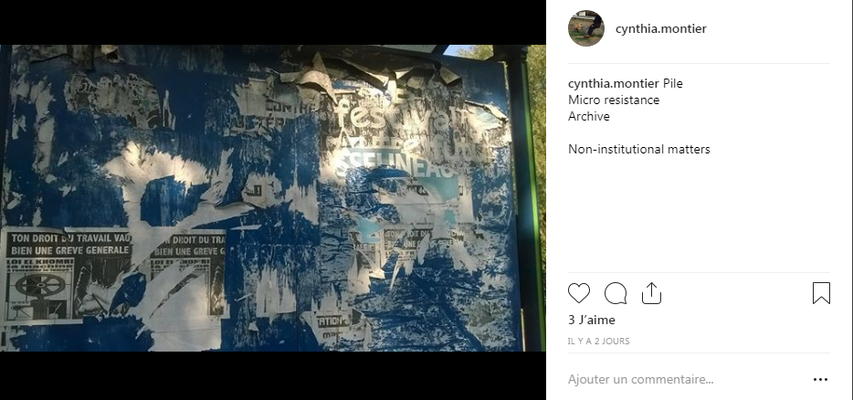 Ton droit du travail vaut bien une grève générale | Instragram outil de détournement des images et informations pour des micro-résistance furtives spontanées par prélèvements photos, entre autres.
Recherche en cours sur les appropriations et déclinaisons possibles de nos constructions sociales virtuelles et de nos outils de communication ou de mise en récit de soi, des autres, du quotidien.
Formes d'écritures précaires et instantanées mises en abîme par le média