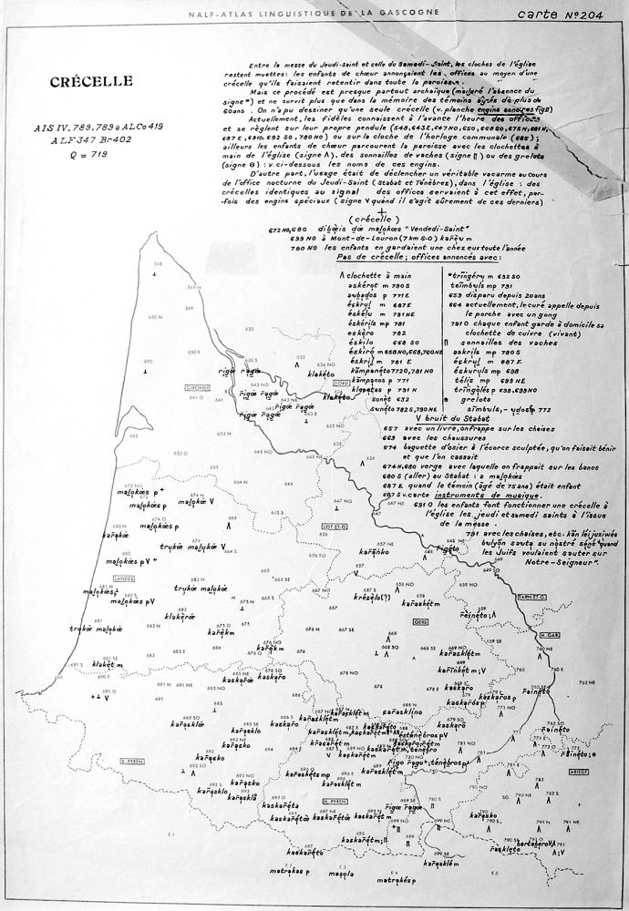 Crécelle | Jean Séguy, Atlas linguistique de la Gascogne, 1954