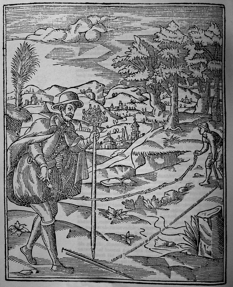 L’arpenteur | gravure de la Maison rustique D'estienne et Liébault, éditions de Rouen, L'arpenteur géomètre au travail, 1641
