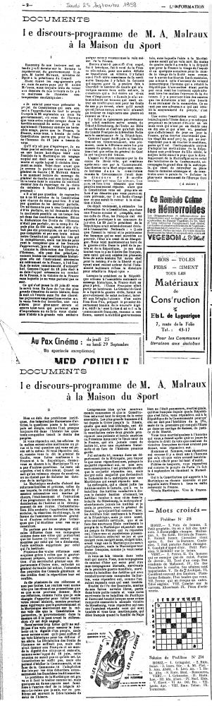 Le discours-programme de Malraux | Journal L'information, Le discours-programme d'André Malraux la maison des sports, 1958