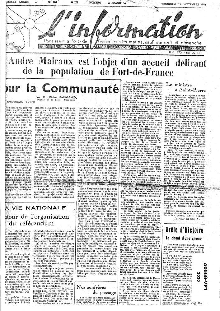 Malraux est l’objet d’un accueil délirant | Journal L'information, Malraux est l'objet d'un accueil délirant de la population de Fort-de-France, 1958